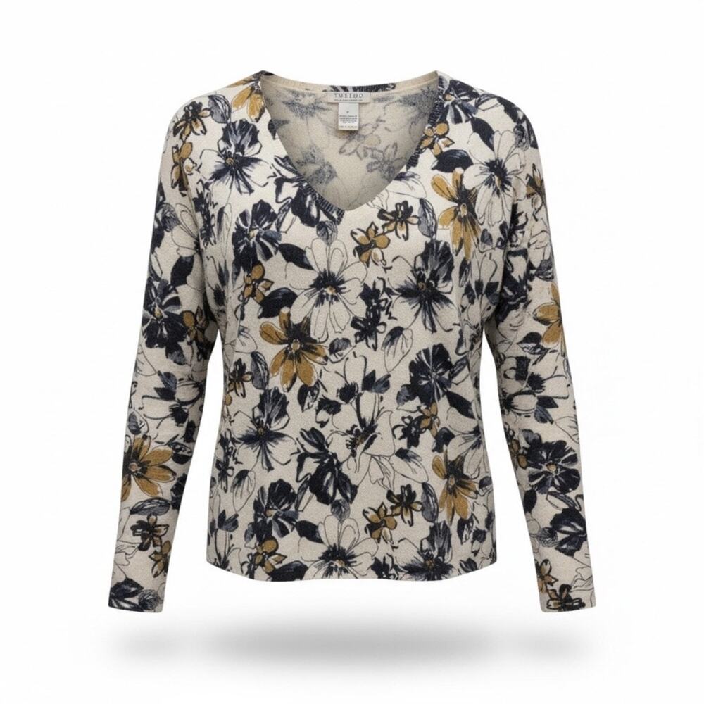 Tweeds 100% 2-Ply Cashmere Floral Print Sweater XL
